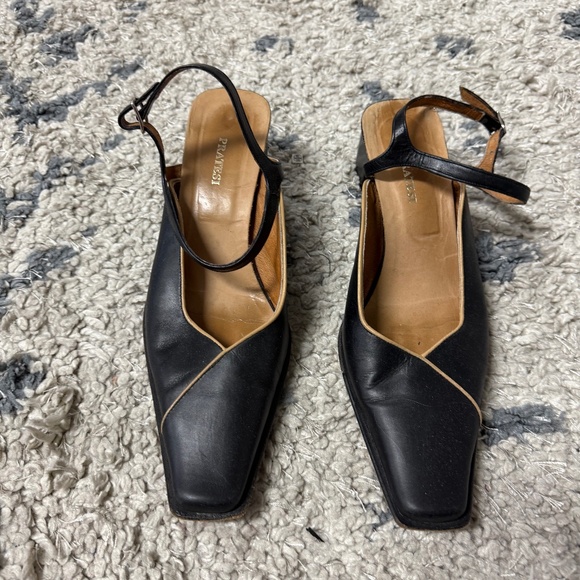 Vintage Pratesi Black Leather Block Italy Artisan Heel Slingback Sandals Size 39 - Picture 2 of 8